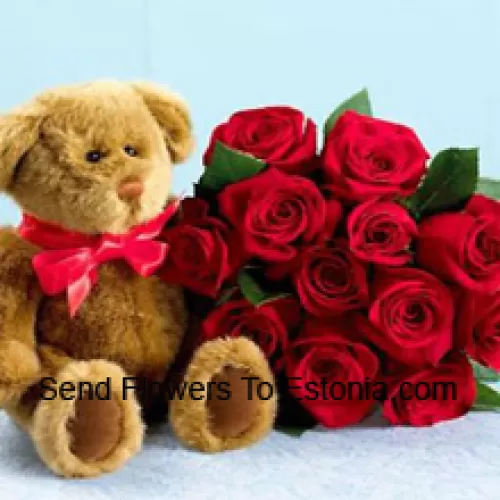 Mazzo di 11 rose rosse con riempitivi stagionali e un carino orsacchiotto marrone
