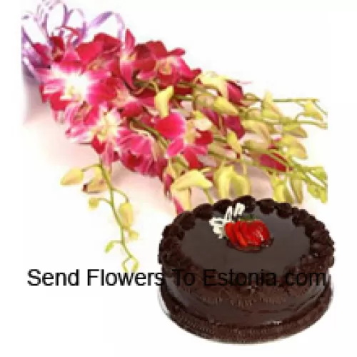 Ramo de Orquídeas Rosadas con Rellenos de Temporada junto con 1 Lb. (1/2 Kg) de Pastel de Trufa de Chocolate