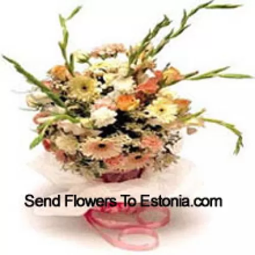 Blumenstrauß mit verschiedenen Blumen, einschließlich Gänseblümchen und Gladiolen