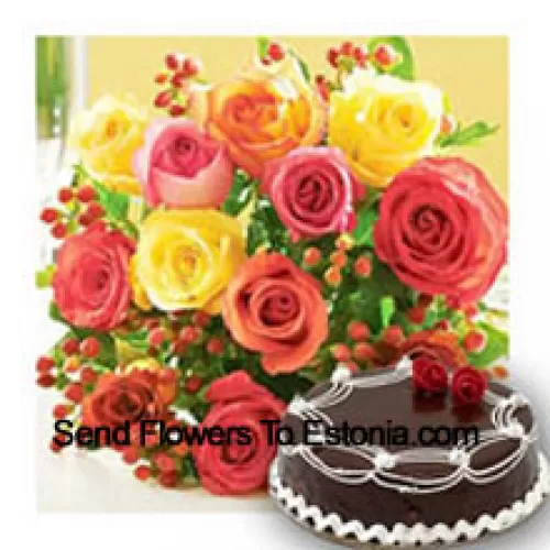 Bunch Of 11 Mixed Colored Roses With Seasonal Fillers and 1/2 Kg (1.1 Lbs) Chocolate Truffle Cake