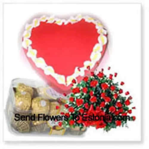 Basket Of 101 Red Roses With 16 Pcs Ferrero Rocher and a 1 Kg (2.2 Lbs) Strawberry Cake