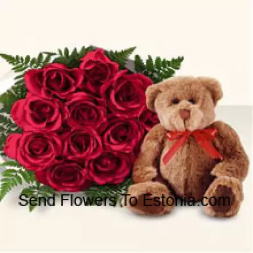 Ramo de 11 rosas rojas con un lindo oso de peluche marrón de 8 pulgadas