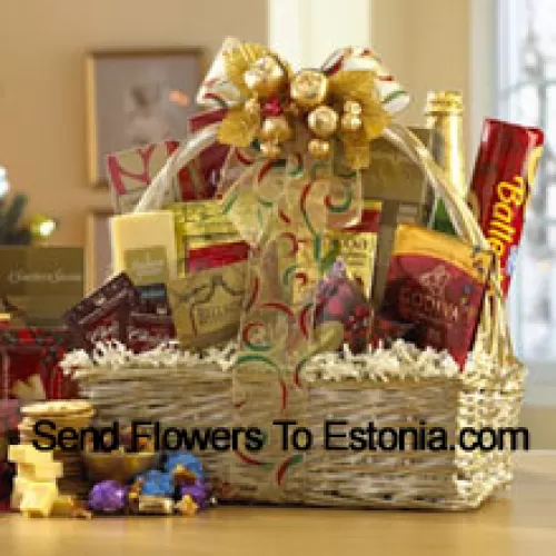 This gift basket shines for the Easter  with a great selection of gourmet food for all. A shimmering basket holds Dutch Gouda Cheese Biscuits, Crantastic Snack Mix, Chocolate Cocoa, Scottish Shortbread Fingers, Roasted Peanuts, assorted Godiva Dark Chocolates, Smoky Cheddar, Fancy Water Crackers, Swedish Ballerina Cookies, Mints, Bellagio Caramella Coffee, Tea, and non-alcoholic Sparkling Apple Cider. It makes a nicely balanced selection of sweet and savory foods that are sure to please. (Please Note That We Reserve The Right To Substitute Any Product With A Suitable Product Of Equal Value In Case Of Non-Availability Of A Certain Product)